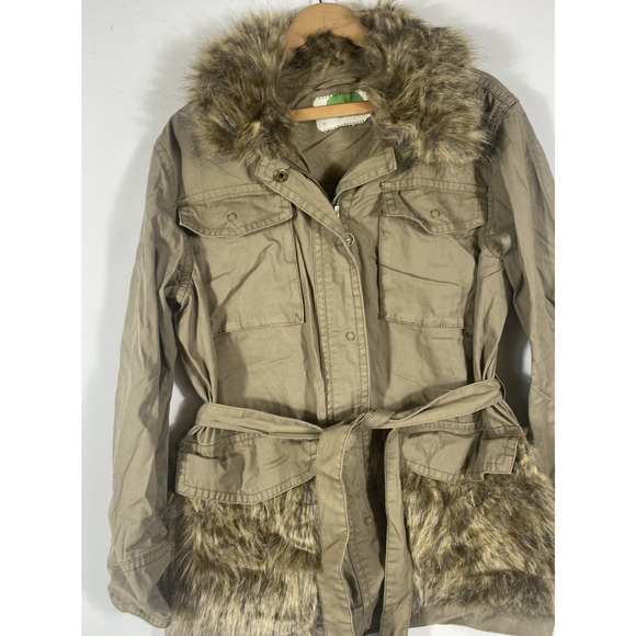 Anthropologie Faux Fur Trimmed Field Jacket Medium Military Boho Belted Womens - Picture 6 of 10